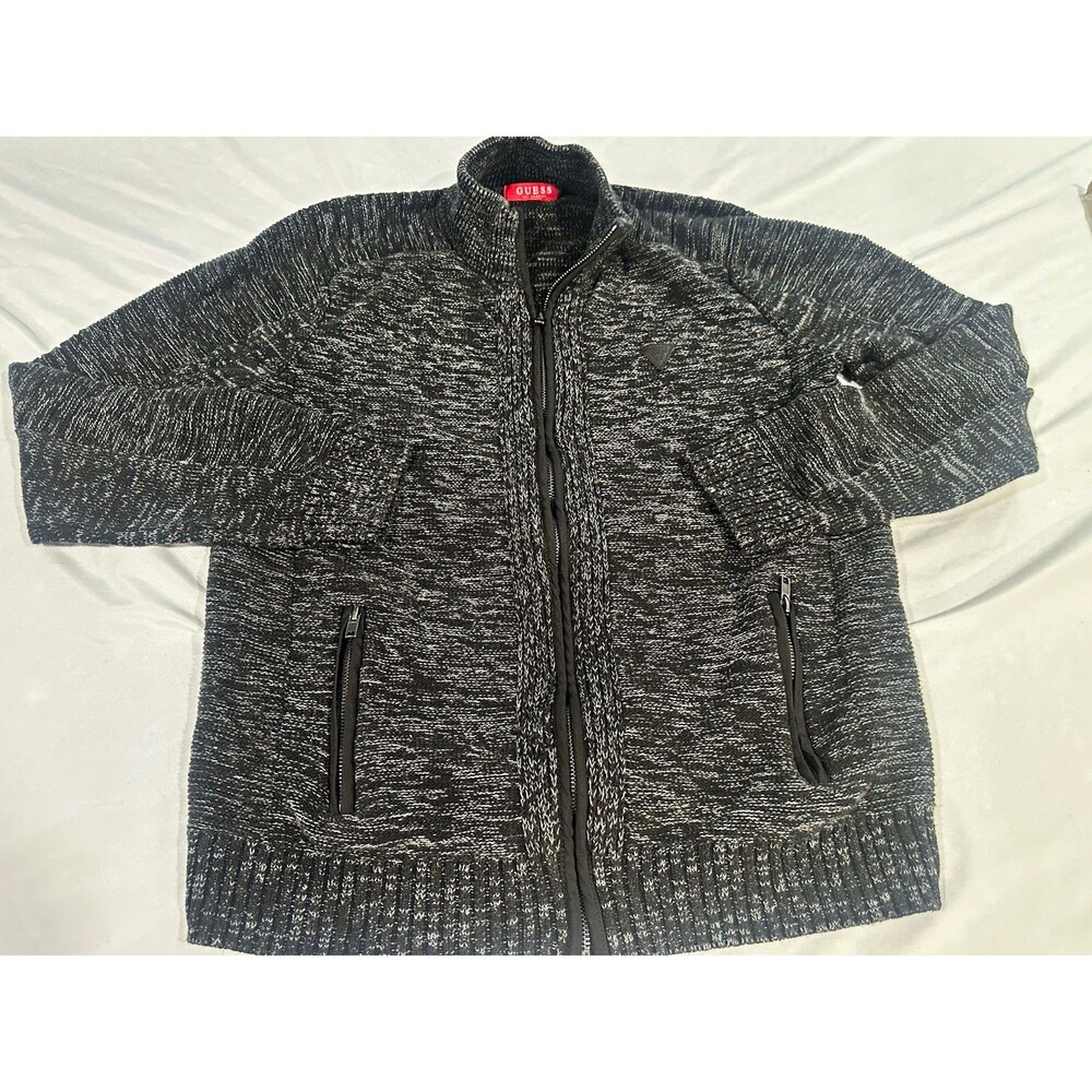 GUESS Men’s Large Full Zip Sweater Cardigan Black Gray Marled Knit Zipper Pocket